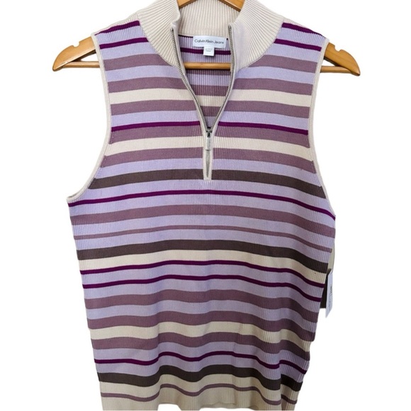 NWT Calvin Klein Jeans Striped Ribbed-Knit Half Zip Sweater - Picture 2 of 4